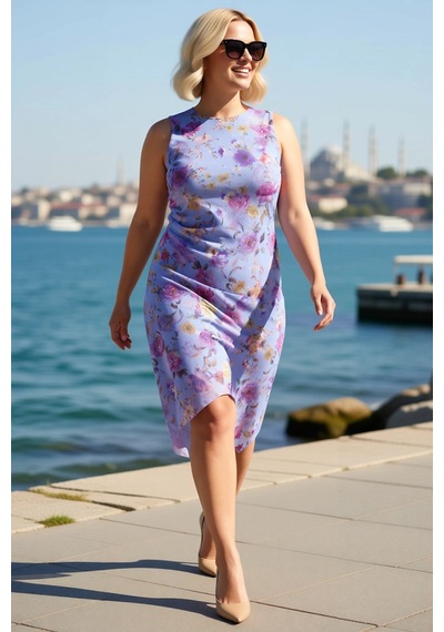 Benerly Kadın Büyük Beden Kolsuz Bisiklet Yaka Çiçek Desenli Tül Midi Elb Lila