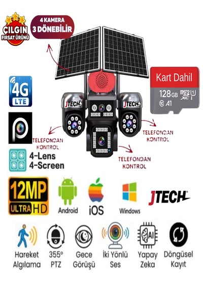 Jtech Jt-s406  3mp+3mp+3mp+3mp 12mp Aov E-sim 4g 2xsolar Panelli 4 Kameralı 3 Ptz Akıllı Kamera