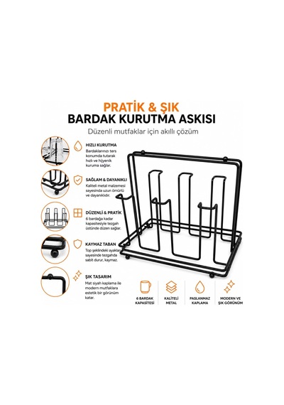Tr 6'li Metal Bardak Kurutma Askısı Siyah, Tezgah Üstü Organizeri, Tel Standı, Mutfak Düzenleyici Kurutucu Raf Si Genel