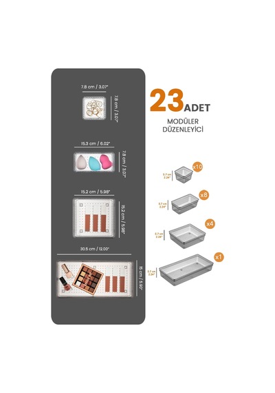 23'lü Çekmece İçi Organizer - Kozmetik Takı Makyaj Organizeri Dolap İçi Düzenleyici - Antrasit