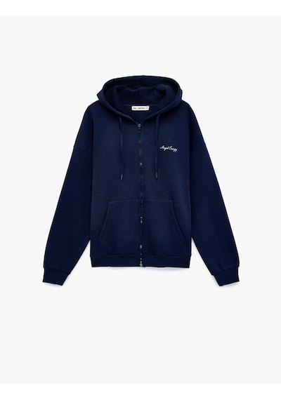 Koton Rahat Kalıp Kapüşonlu Arkası Baskılı Kanguru Cepli Fermuarlı Sweatshirt Lacivert 6sal10567ık Lacivert