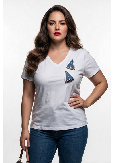 Vedi-bb Kadın Büyük Beden V Yaka Yelkenli İşlemeli Pamuk Karışımlı Kısa Kollu T-shirt Mavi