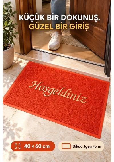 Kırmızı 40x60 Cm Hoşgeldiniz Yazılı Kapı Önü Paspası Kıvırcık Dokulu Altın Yazılı Dekoratif Ev Paspası