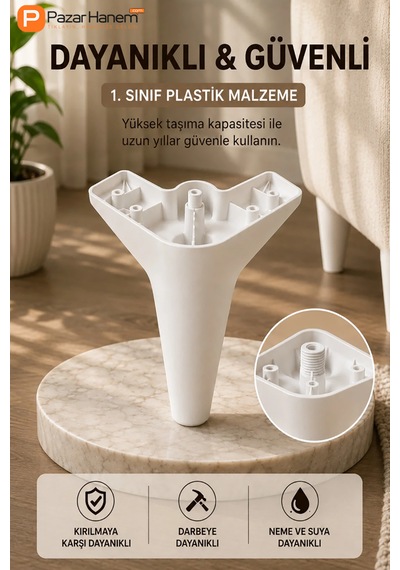 Modern Plastik Mobilya Ayağı - 4'lü Set Kanepe Koltuk Baza Puf Ayağı Beyaz + Vidalar Dahil