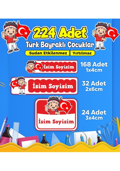 Türk Bayraklı Çocuklar Okul Kreş Kişiye Özel İsim Etiket Seti - Model 482 Çok Renkli