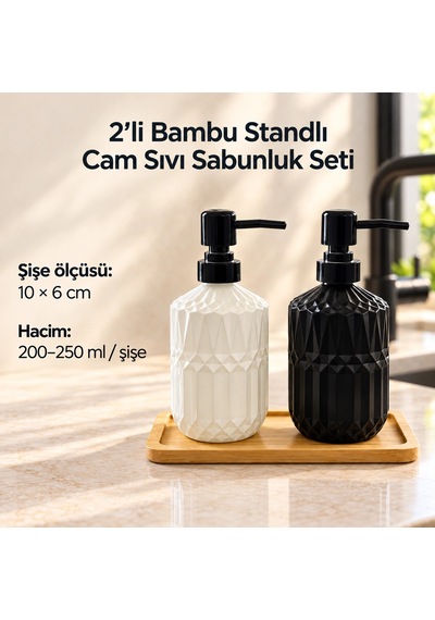 2'li Bambu Standlı Cam Sıvı Sabunluk Seti Çok Renkli