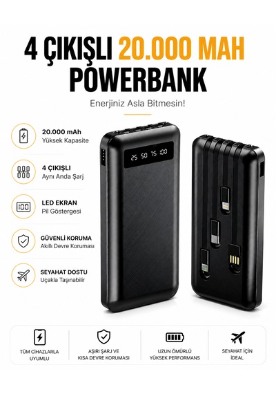 20.000 Mah Dijital Ekranlı Powerbank Yüksek Performanslı 4 Çıkışlı Dahili Kablolu Taşınabilir Batarya Diğer