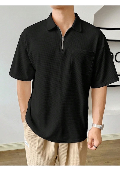 Genius Store Erkek Oversize Polo Yaka Waffle T-shirt Poloyaka-fermuarlı Siyah