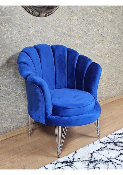 Zafir Tekli İstiridye Krom Kaplama Telli Ayak Çay Seti Koltuk Tekli Berjer , Balkon, Salon, Ofis Mavi