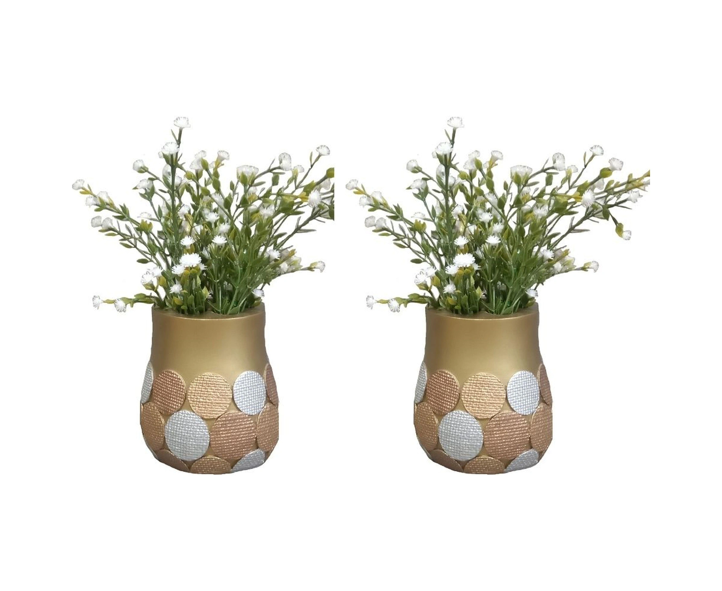 2 Adet Vazo Dahil,vazoda Çiçek,beyaz Yapay Çiçek,vazo Dekoratif Altın Puanlı Poliresin 9x9x15cm Çok Renkli