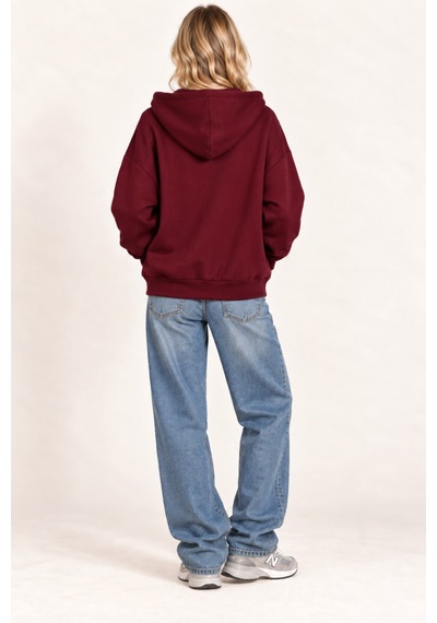 Cool Tarz Unisex Oversize Fermuarlı Kapüşonlu Sweatshirt 3 İplik Şardonlu Bordo Bordo