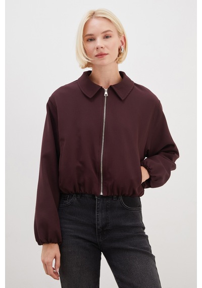 Fullamoda Fermuarlı Polo Yaka Bomber Ceket Mürdüm