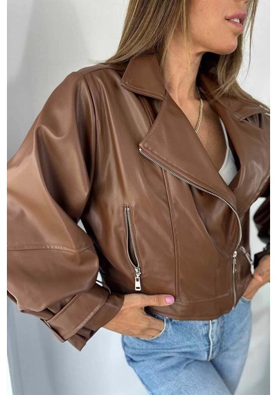 Laleli Butik Kadın Siyah Oversize Deri Ceket Taba Taba