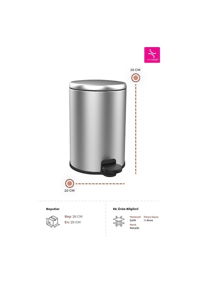 Primanova Cigo 3 Lt Banyo Mutfak Ofis Çelik Çöp Kovası - Metalik Inox