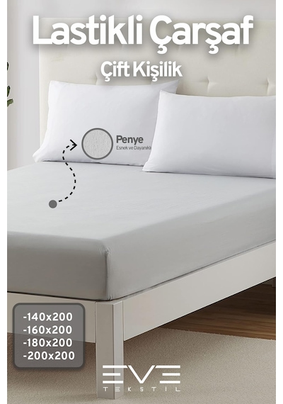 Eve Tekstil Fitted Yüksek Kaliteli Penye Kumaş Çift Kişilik Lastikli Çarşaf Açık Gri