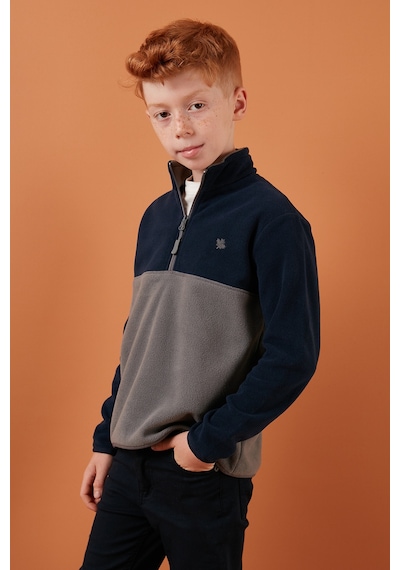 Lela Yumuşak Dokulu Yarım Fermuarlı Renk Bloklu Dik Yaka Unisex Çocuk Polar 5905004 Lacivert-Gri
