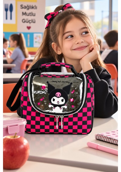 Kuromi Siyah Fuşya Termoslu Beslenme Çantası Çocuk Öğrenci Okul Yemek Çantası 24x22x14 Cm Çok Renkli