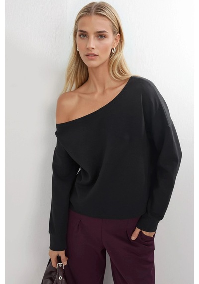 Hiccup Busem Asimetrik Yakalı Rahat Kesim Sweatshirt Siyah