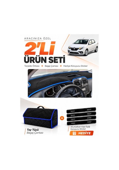 Renault Symbol Kısa Tip 1 2013-2021 Uyumlu Torpido Örtüsü + Tay Tüyü Çanta Seti - Siyah Mavi