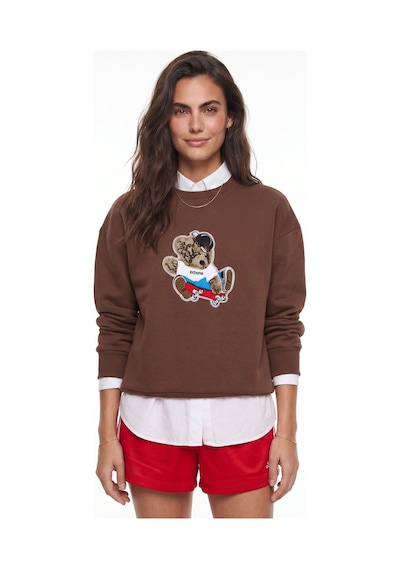 Onloox Kadın Kahverengi Kahverengi Pamuklu Bisiklet Yaka Salaş Kesim Teddy Nakış İşlemeli Sweatshirt
