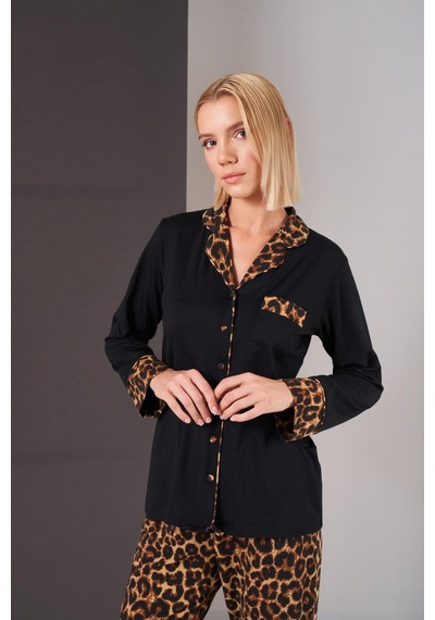 Pjs 26006 Kadın Patlı Boydan Düğmeli Leopar Desenli Uzun Kollu Pijama Takım Siyah