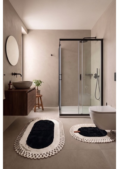 Banyo Paspası Takımı 60x100+40x60 Cm Dış Trikot Siyah & Krem Siyah - Krem