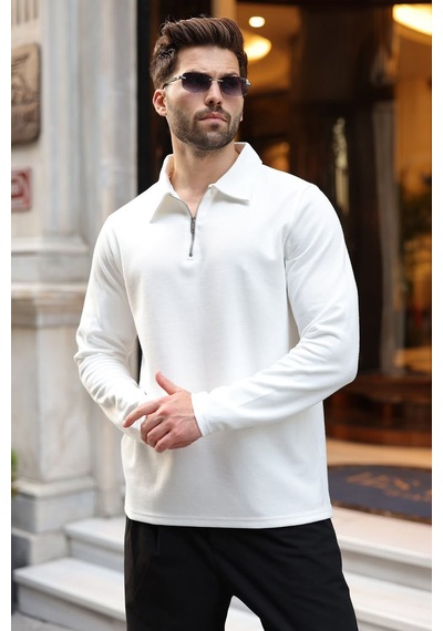 Madmext Ekru Yarım Fermuarlı Polo Yaka Dokulu Erkek Sweatshırt E7197