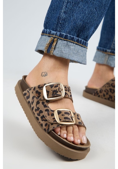 Manijero İrene Platform Deri Kadın Terlik Leopar-7125 Leopar