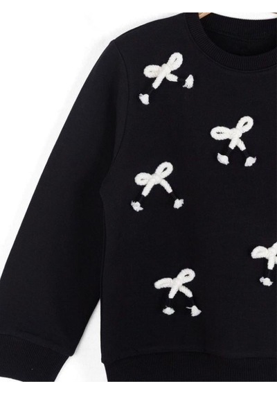 Kız Çocuk Fiyonk İşlemeli Sweatshirt-16134 Siyah