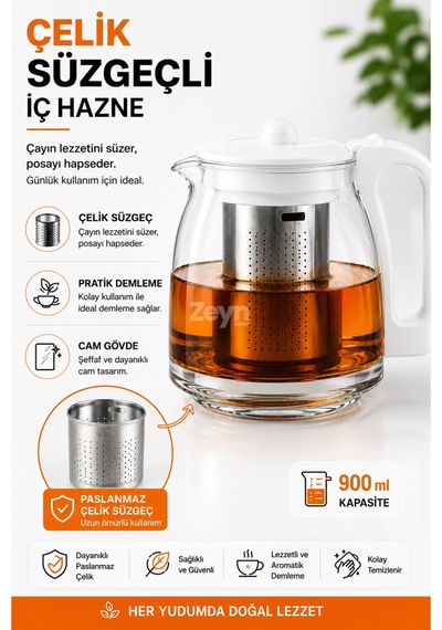 900 Ml Süzgeçli Cam Demlik Paslanmaz Çelik Filtreli, Beyaz Kapak Ve Kulplu Çay Demleme Demliği
