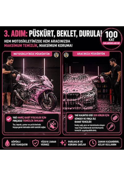 3 Adet Akgüneş Motogaraj 1lt Pembe Köpük Oto Şampuanı Konsantre 100 Kat