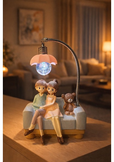 Romantik Çift Figürlü Işıklı Biblo Genç & Yatak Odası Dekoru - Sevgiliye Hediye, 18 Cm Pembe