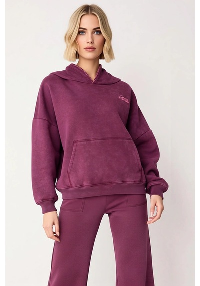 Benerly Kadın Kapüşonlu Düşük Kol Örme Sweatshirt Fonksiyonel Dayanıklı K Mürdüm