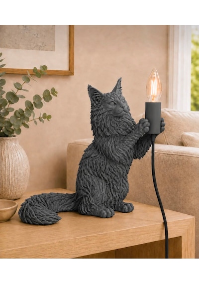 3dlab 3d Lab Siyah Kedi Figürlü Premium Dekoratif Masa Lambası Gri