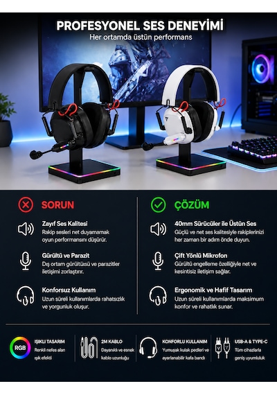 Rgb Işıklı Oyuncu Kulaklığı Sanal 7.1 Çevresel Ses Gürültü Önleyici Kulak Üstü Headset