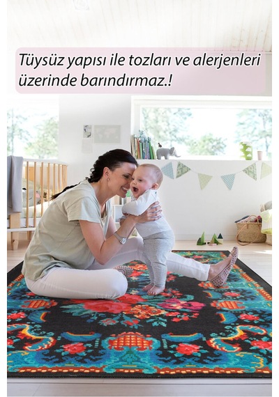 Foldy Etnik Karabağ Canlı Çiçek Desenli Dokuma Taban Dekoratif Mavi Halı Fl 23