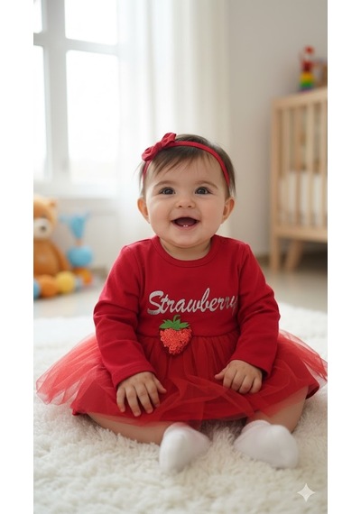 Kız Bebek Yılbaşı Noel Temalı Çilek Elbise Kırmızı Kız Bebek Yılbaşı Noel Temalı Çilek Elbise Kırmızı