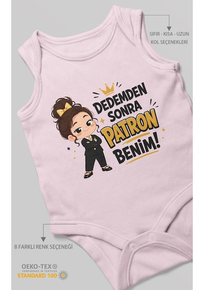 Morivokids Dedemden Sonra Patron Benim Sıfır Kollu Bebek Zıbını %100 Pamuk Bebe Pembe
