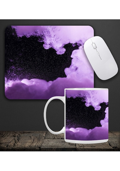 Baskılı Kupa & Mor Ve Siyah Renk Galaksi Temalı Mouse Pad 23x19cm Fare Altlığı Kaydırmaz Taban De596 Mousepad