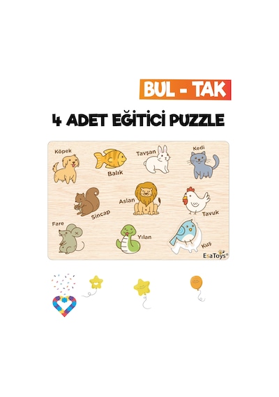 Ahşap Çocuk Puzzle Hayvanlar Taşıtlar Meslekler Ve Meyveler 4 Adet