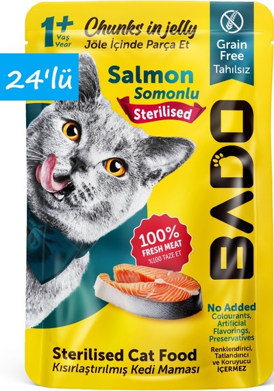 Bado Kısırlaştırılmış Yetişkin Yaş Kedi Maması Somonlu 85gr 24'lü