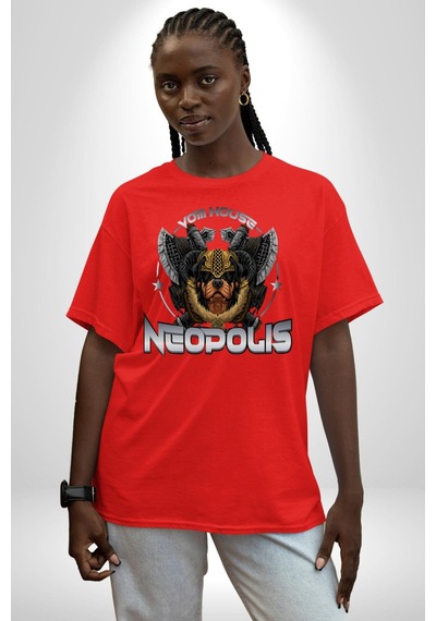 Neopolis Rottweiler Viking Pamuklu Bisiklet Yaka Unisex Oversize Boyfriend Dijital Baskılı Kırmızı T-shirt Kırmızı