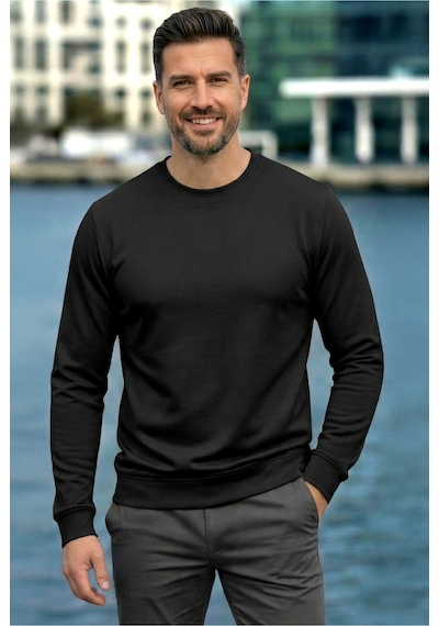 Goffra Erkek Focus Esnek Kumaş Yumuşak Dokulu Günlük Sweatshirt Siyah M401-r0342-06