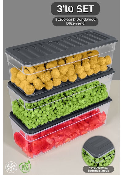 3'lü Derin Mikrodalga Uyumlu Organizer Set Düzenleyici Gıda Erzak Saklama Kabı 2470 ML Antrasit