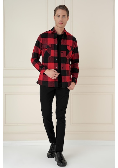 Efor G 1579 Slim Fit Kırmızı-siyah Klasik Gömlek Kırmızı - Siyah