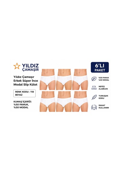 Yıldız Çamaşır Erkek Süper İnce Yazlık Modal Slip Külot 118-119 - 6 Adet Beyaz