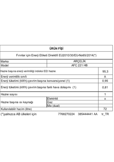 Arçelik AFC 221 HB 72 LT Ankastre Fırın