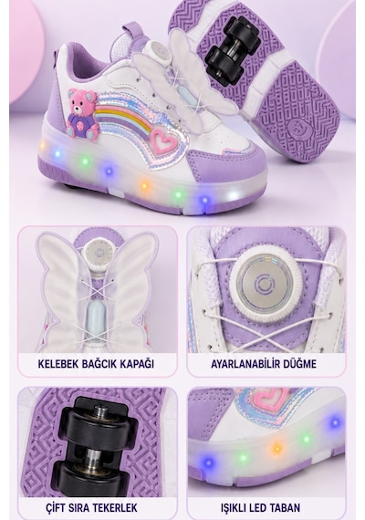 Muggo Colourful Çocuk Işıklı Patenli Tekerlekli Sneaker Spor Ayakkabı Lila