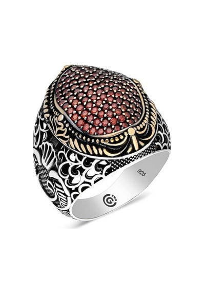Gumush 546038501 Gümüş Kırmızı Zirkon Taşlı Oval Erkek Yüzük
