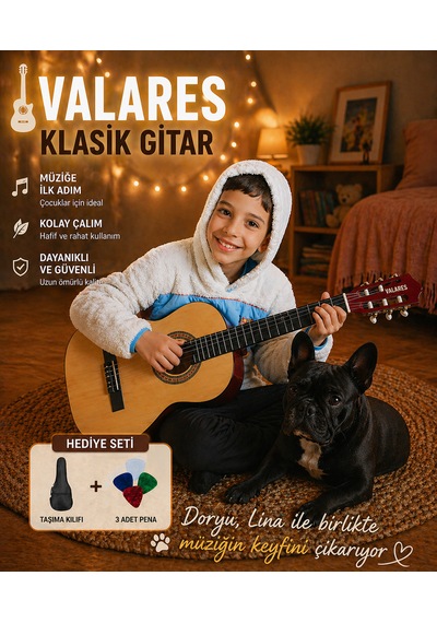 Valares Qcg3024 34 1/2 Yarım Boy Klasik Gitar Naturel Askı Aparatlı Çocuklar İçin İdeal Kolay Çalım